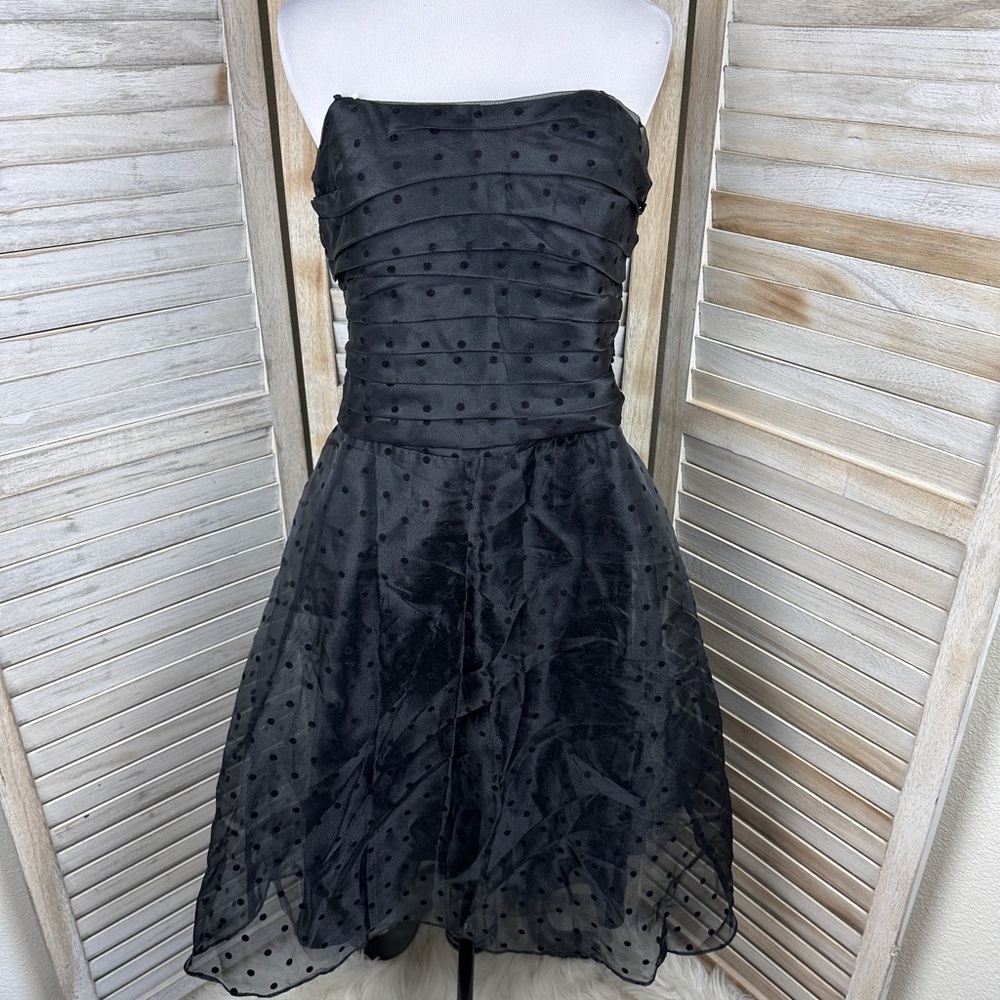 Vintage 90s Black Velvet Dot Organza Strapless Whimsigoth Party Cocktail Dress
